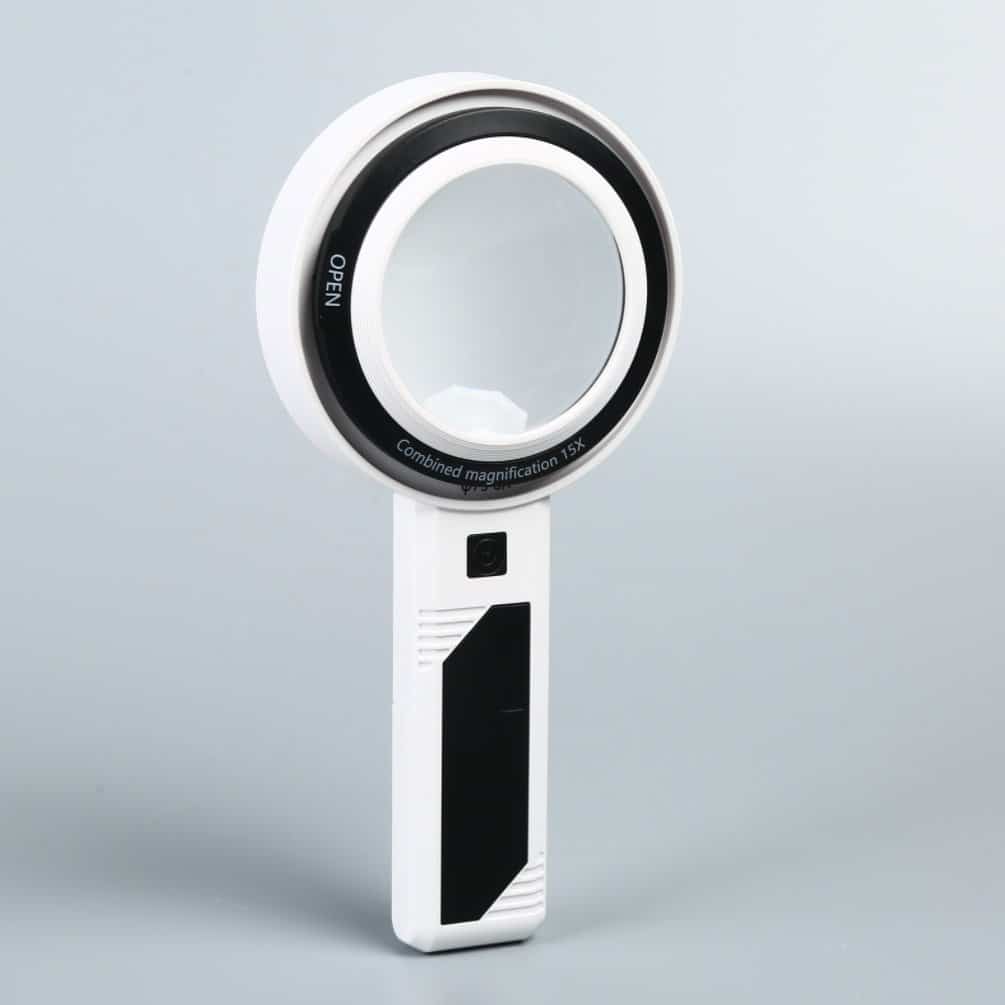 Detachable Dual-Lens LED Magnifying Glass (6X 4X 15X) - Handheld Magnifier with 30 Dimmable LEDs & 3 Color Modes - Eleroyal Magnifier